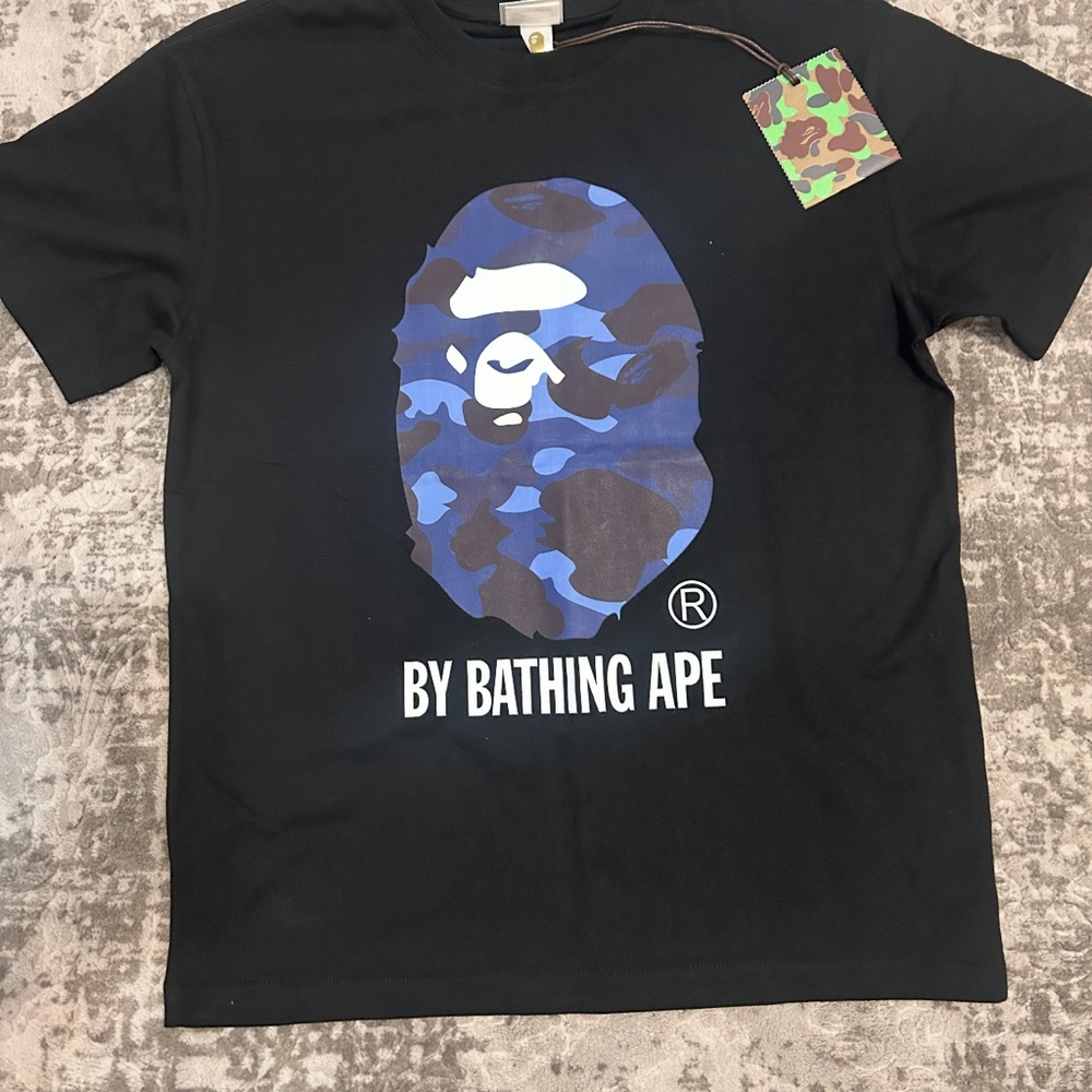 Bape Black Tee with Blue Camo Ape Graphic